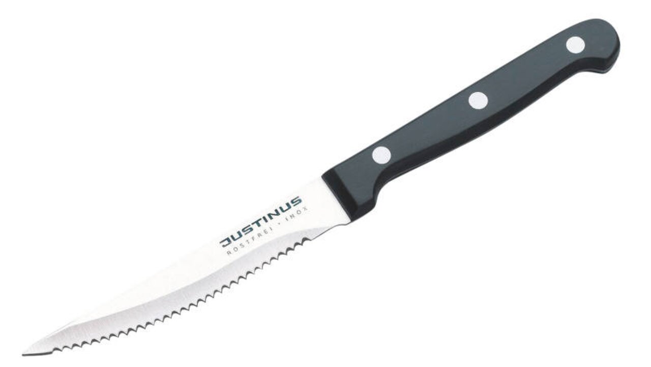 Steakmesser mit schwarzem Griff und Wellenschliffklinge, seitliche Perspektive