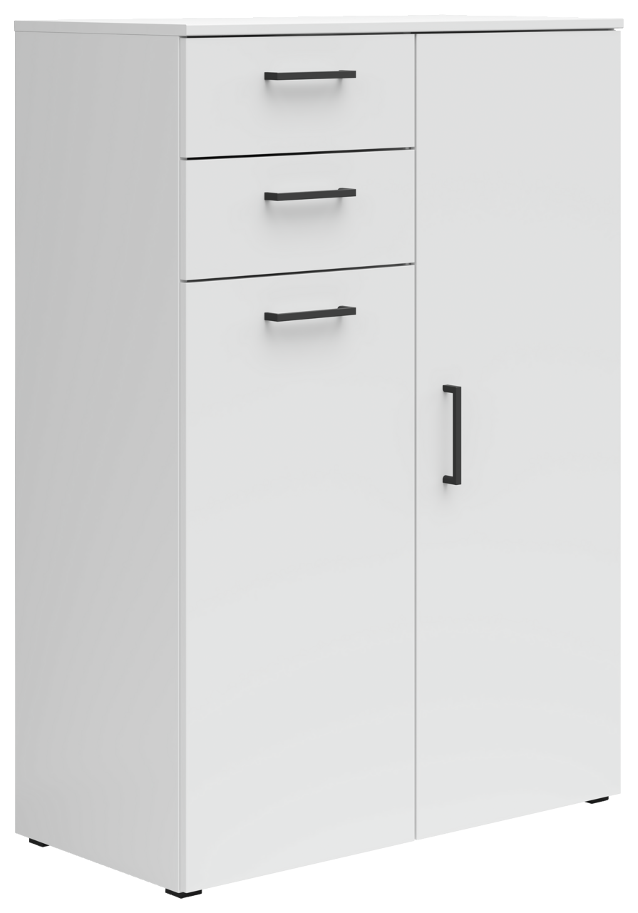 Carryhome Kommode MULTISTAURAUM Weiße Kommode mit drei Schubladen und einer Tür, seitliche Perspektive