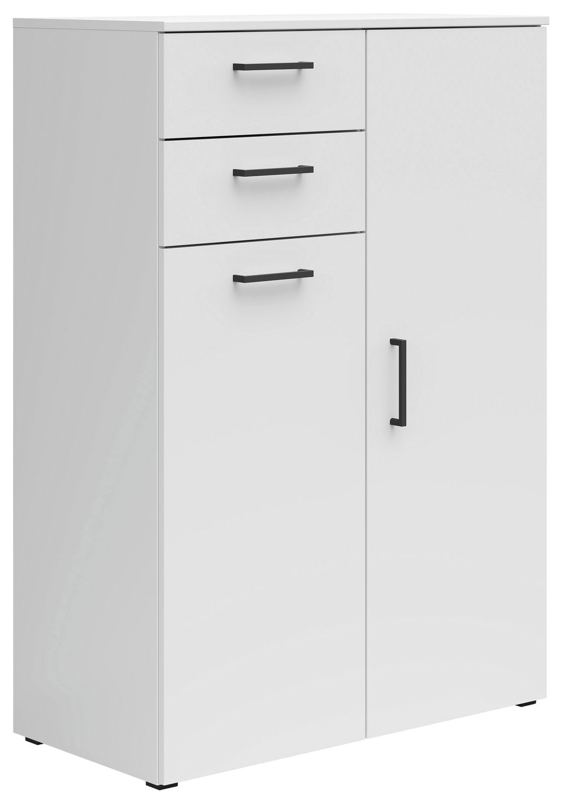 Carryhome Kommode MULTISTAURAUM Weiße Kommode mit drei Schubladen und einer Tür, seitliche Perspektive