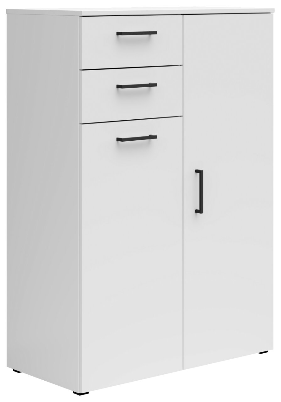 Carryhome Kommode MULTISTAURAUM Weiße Kommode mit drei Schubladen und einer Tür, seitliche Perspektive