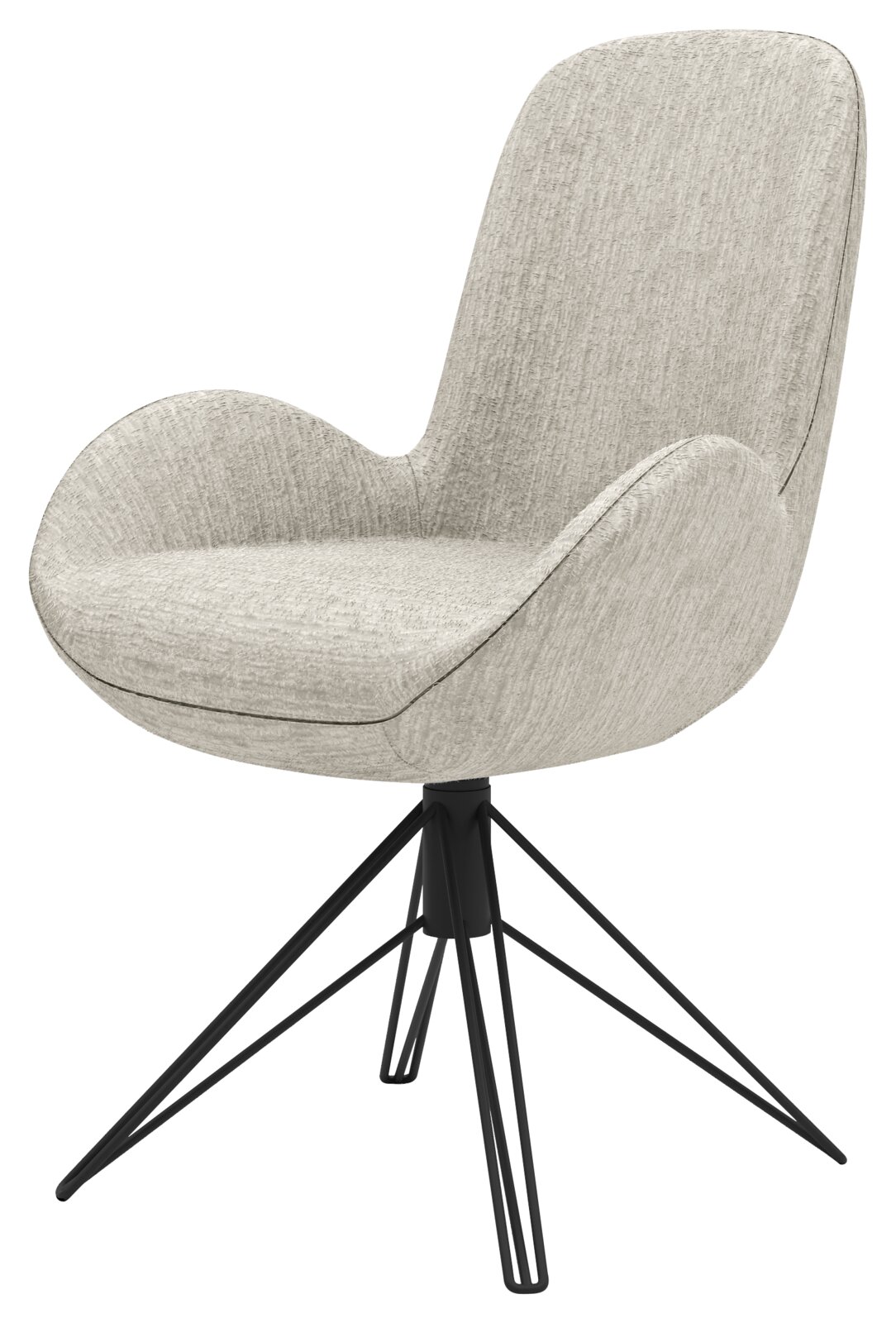 Moderner Armlehnstuhl mit hellgrauem Stoffbezug und schwarzem Metallgestell, seitliche Perspektive