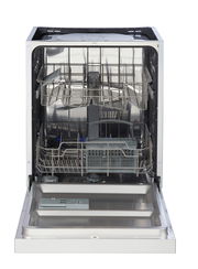 Offene Geschirrspülmaschine von vorne mit sichtbaren Körben und Besteckkorb.