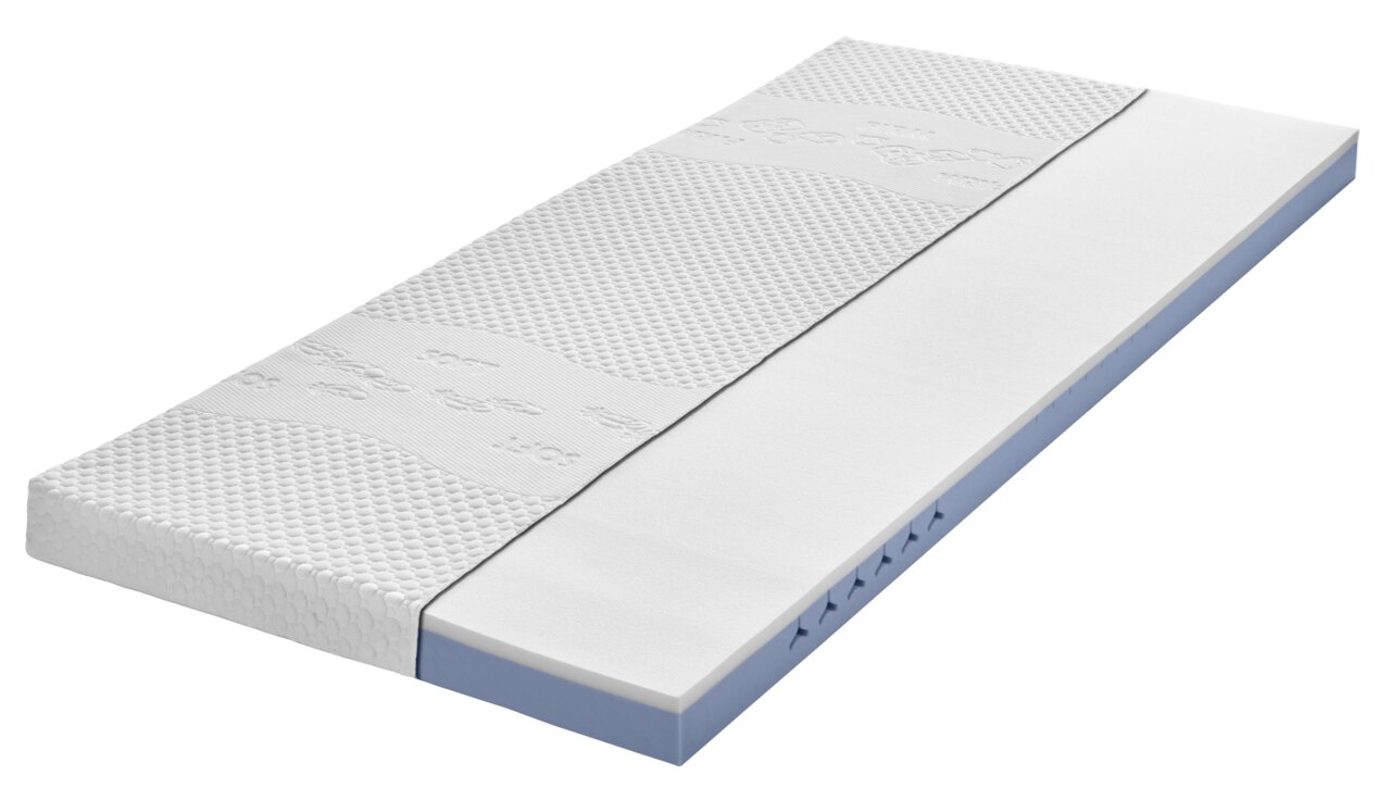 Hybridschaumtopper in seitlicher Perspektive mit strukturierter Oberfläche und blauer Schaumstoffschicht