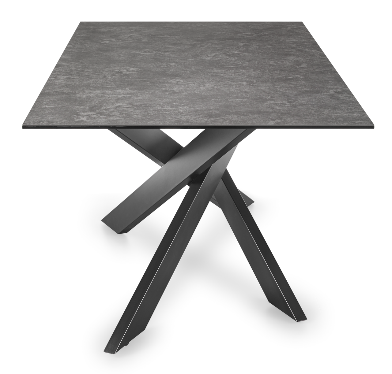 Moderner Esstisch mit quadratischer, dunkler Tischplatte und stilvollem, gekreuztem Metallgestell, seitliche Perspektive