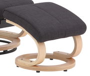 Moderner Relaxsessel mit gebogenem Holzgestell und dunkelgrauem Polster, seitliche Perspektive