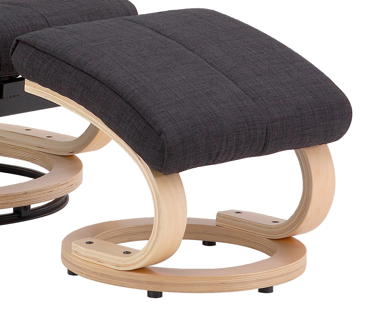 Moderner Relaxsessel mit gebogenem Holzgestell und dunkelgrauem Polster, seitliche Perspektive