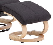 Moderne relaxfauteuil met gebogen houten frame en donkergrijze bekleding, zijaanzicht