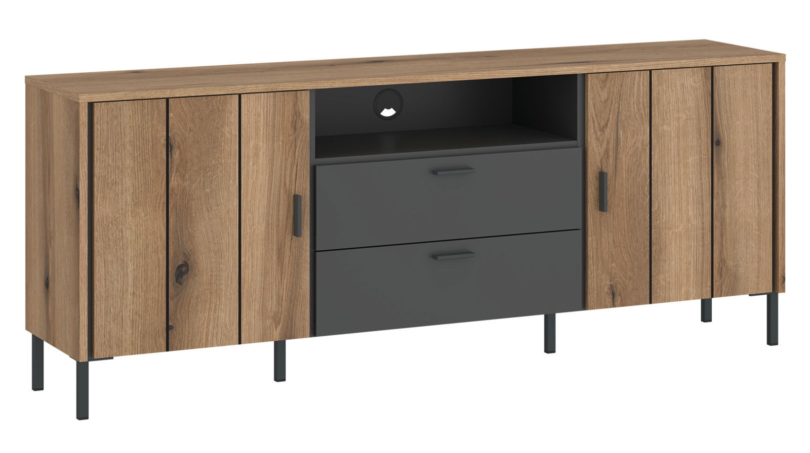 TV-Lowboard aus Holz mit zwei Schubladen und offenen Fächern, frontal abgebildet.