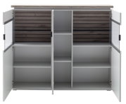 Offenes Sideboard/Schrank in Weiß mit Holzoptik-Rückwänden und mehreren Einlegeböden, beide Flügeltüren geöffnet, Frontalansicht