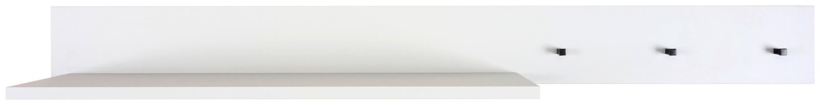 Weißes Hängeregal mit drei schwarzen Haken, seitliche Perspektive