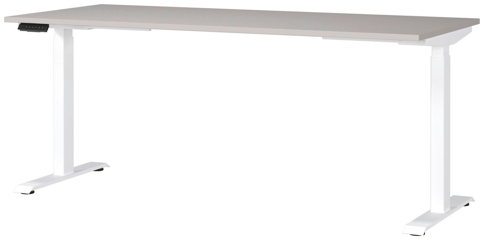 Moderner E-Schreibtisch 180x80 cm mit weißem Gestell und grauer Tischplatte, seitliche Perspektive