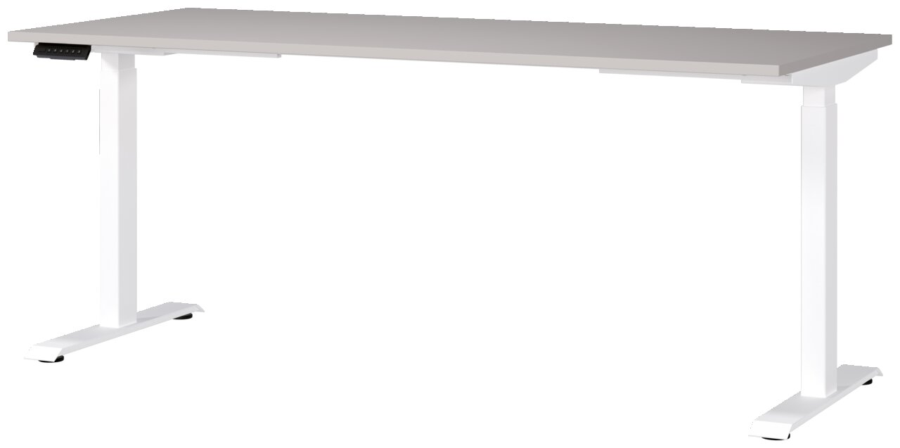 Modern elektrisch bureau van 180 x 80 cm met wit onderstel en grijs tafelblad, zijaanzicht