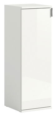 Weiße, schmale Kommode mit einer Tür, seitliche Perspektive