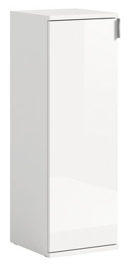 Weiße, schmale Kommode mit einer Tür, seitliche Perspektive