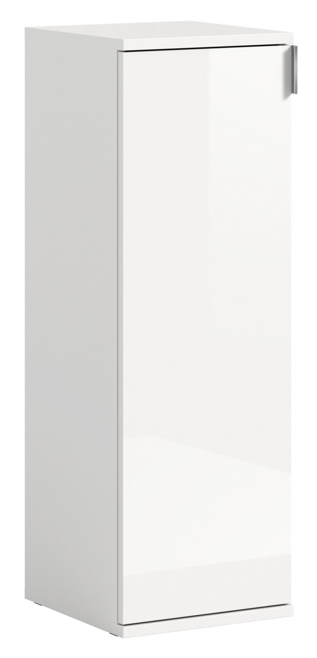 Weiße, schmale Kommode mit einer Tür, seitliche Perspektive