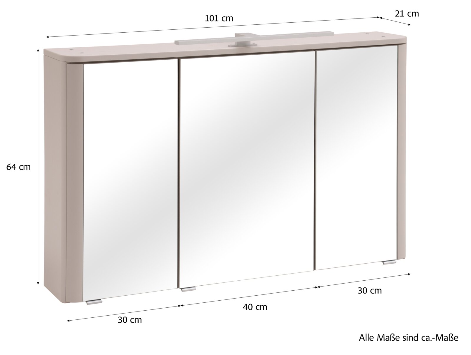 Spiegelschrank fürs Bad mit drei Spiegeltüren und hellgrauem Korpus, ca. 101 cm breit, 64 cm hoch und 21 cm tief, frontale Ansicht leicht von oben mit Maßangaben
