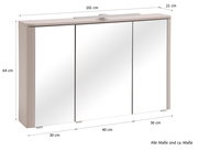 Spiegelschrank fürs Bad mit drei Spiegeltüren und hellgrauem Korpus, ca. 101 cm breit, 64 cm hoch und 21 cm tief, frontale Ansicht leicht von oben mit Maßangaben