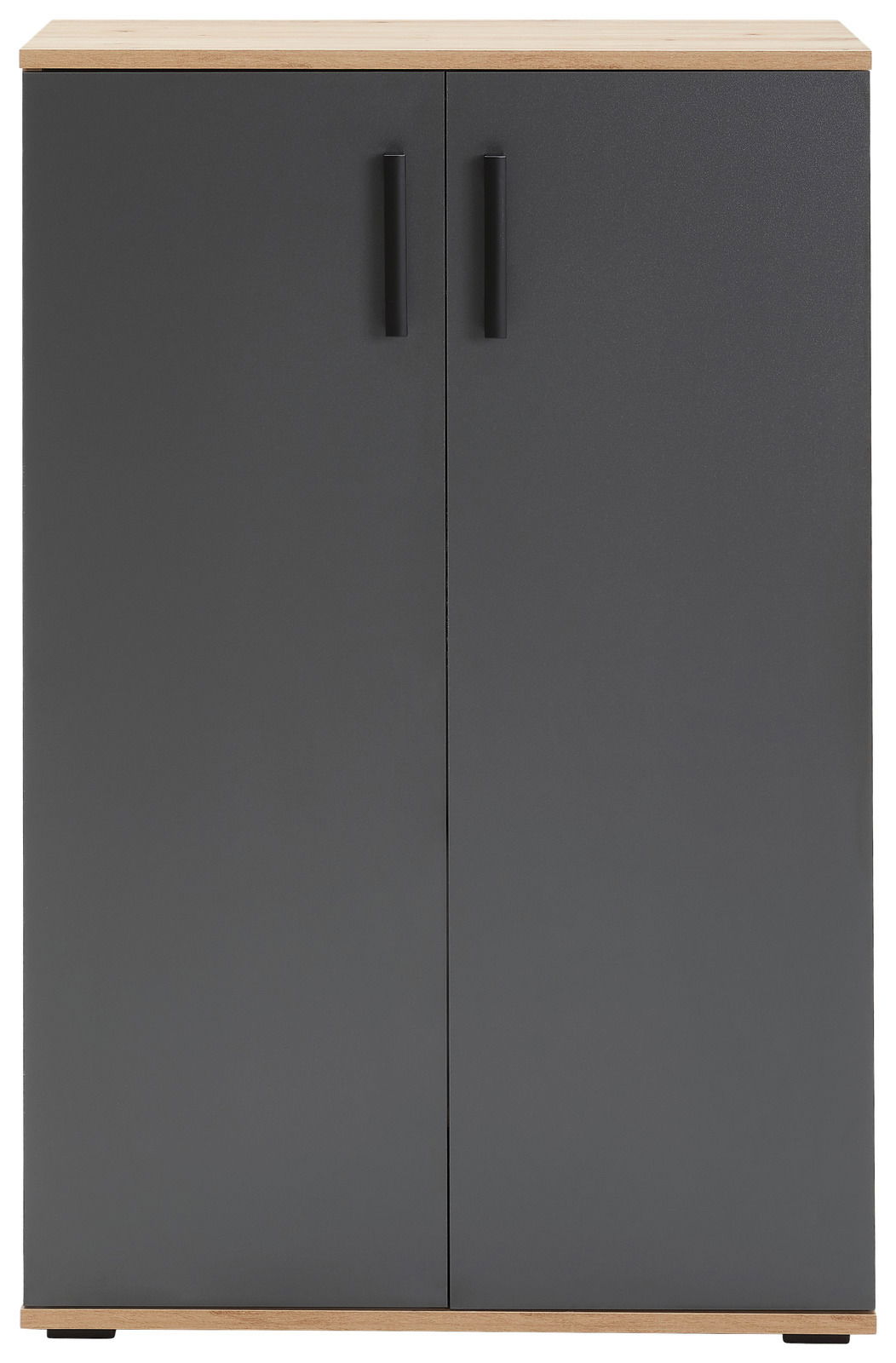 Moderner Schuhschrank mit zwei Türen in dunklem Grau und Holzoptik, Frontalansicht