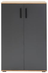 Moderner Schuhschrank mit zwei Türen in dunklem Grau und Holzoptik, Frontalansicht