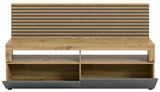 Frontansicht eines modernen Lowboards mit Holzoptik und grauen Akzenten, inklusive Paneel mit horizontalen Streifen.