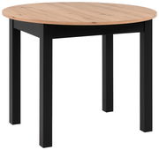 Runder Esstisch mit Holzplatte und schwarzen Beinen, seitliche Perspektive