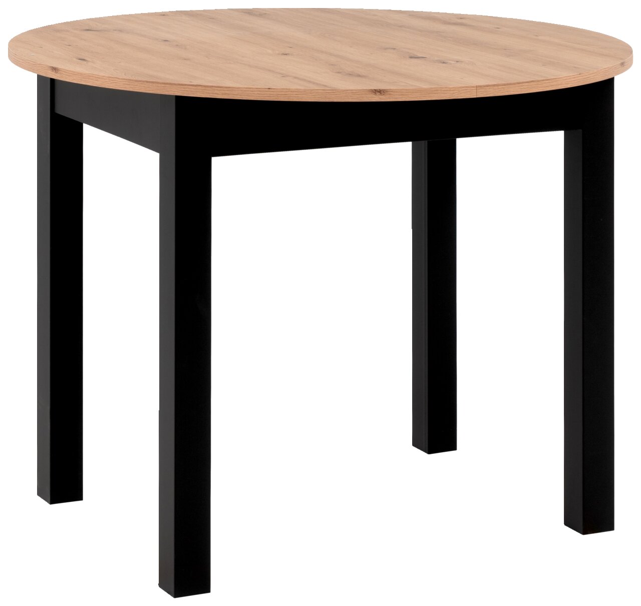 Z2 Funktions-Esstisch rund COBURG Runder Esstisch mit Holzplatte und schwarzen Beinen, seitliche Perspektive