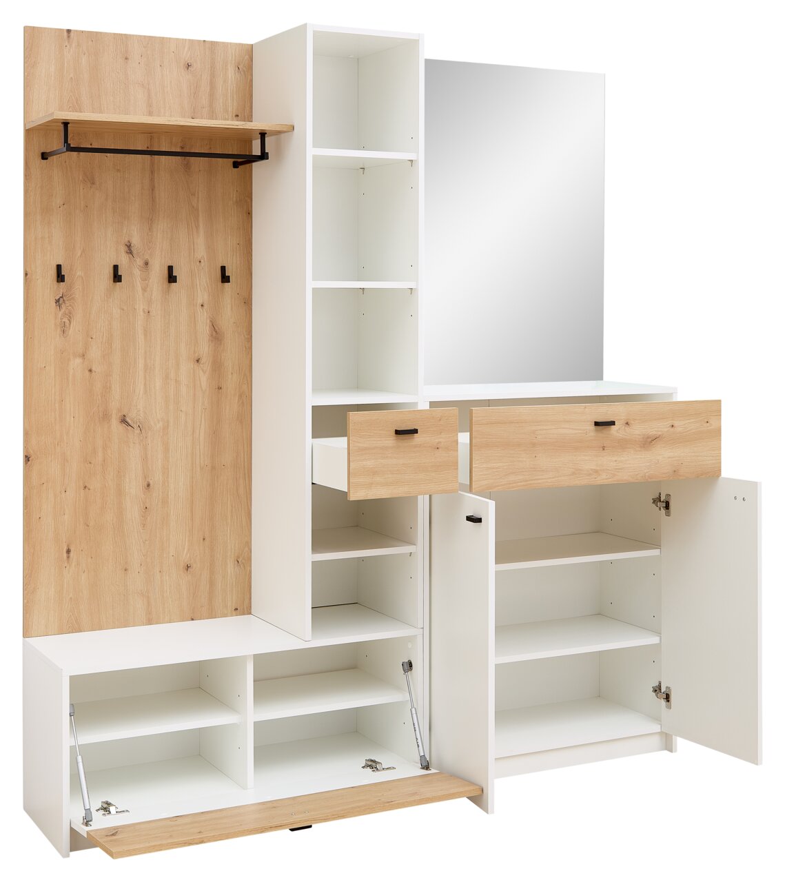 Kompaktgarderobe mit Holz- und Weißelementen, bestehend aus mehreren Regalen, Schubladen und einem großen Spiegel, frontal betrachtet.