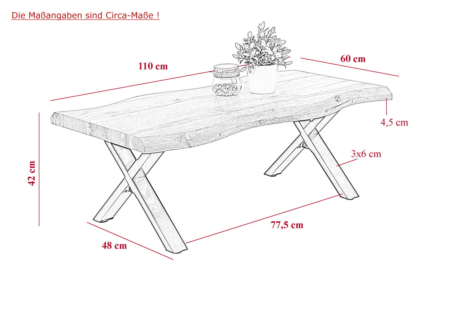 Skizze eines Couchtischs mit X-förmigen Beinen, einer natürlichen Holzplatte und dekorativen Elementen. Perspektive von schräg oben.