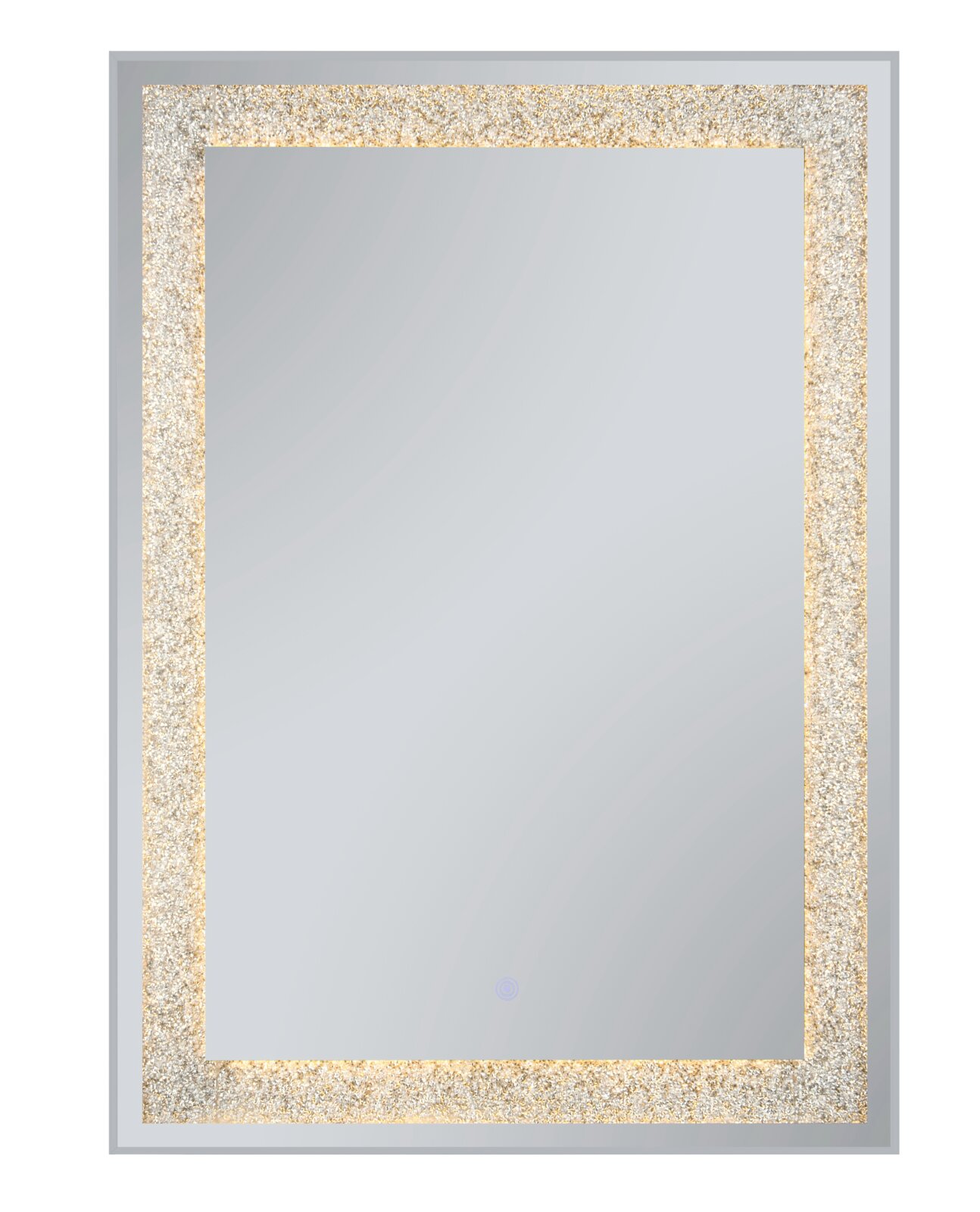 Rechteckiger Wandspiegel mit breitem silbernem Rahmen und glitzerndem Goldrand, Frontalansicht