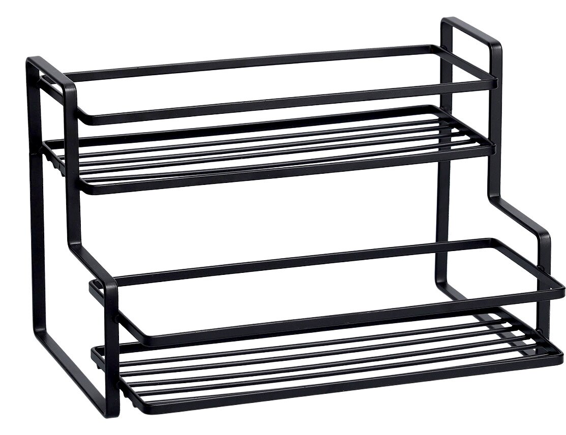 Schwarzes dreistufiges Metallregal, seitliche Perspektive