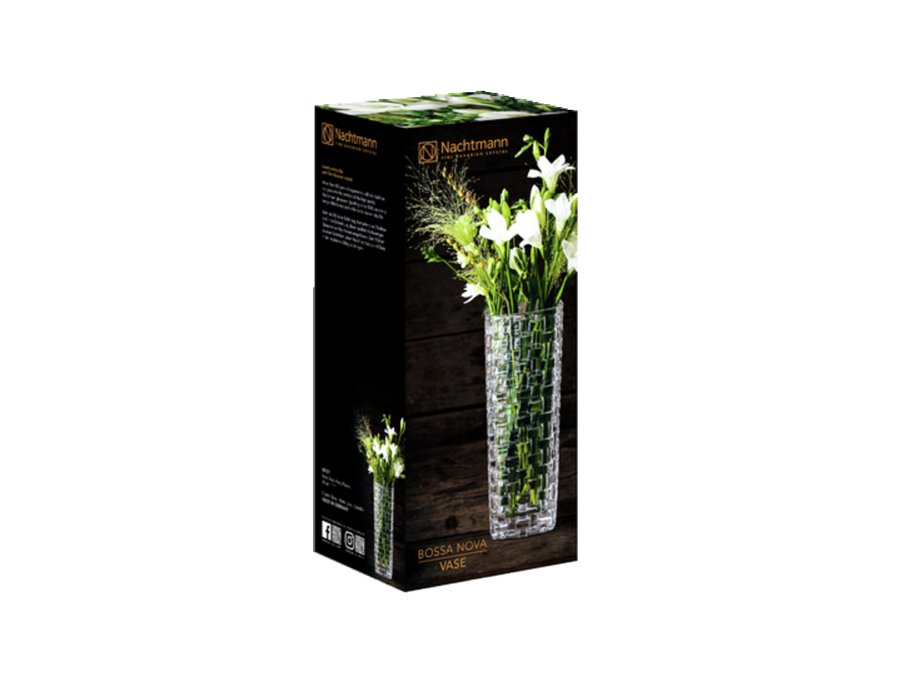 Verpackung der Nachtmann Bossa Nova Vase 28cm, frontal mit Blumenarrangement.