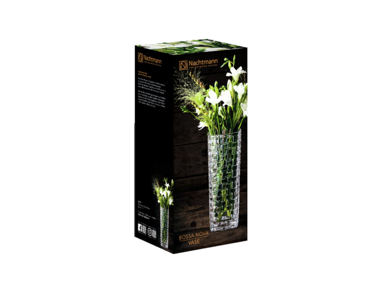 Verpackung der Nachtmann Bossa Nova Vase 28cm, frontal mit Blumenarrangement.