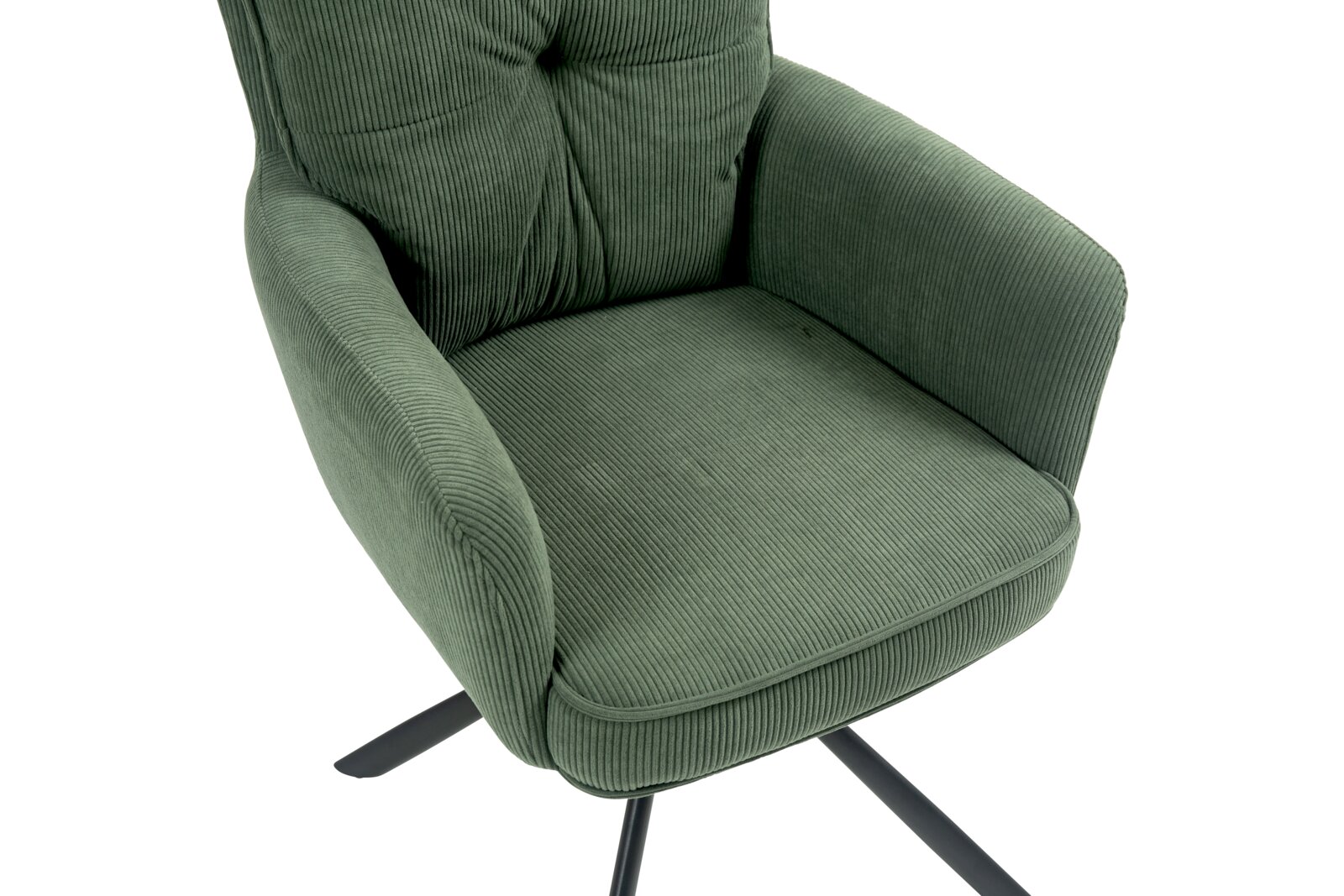 Groene fauteuil met geribbelde stoffen bekleding, gefotografeerd van bovenaf, op een zwart metalen onderstel.