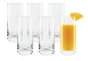 Zesdelige glazenset Convention, vijf lege hoge glazen en een glas met sinaasappelsap en een schijfje sinaasappel, vooraanzicht.