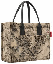 Einkaufstasche mit schwarzem Griff und detailliertem Landschaftsmuster, seitliche Perspektive