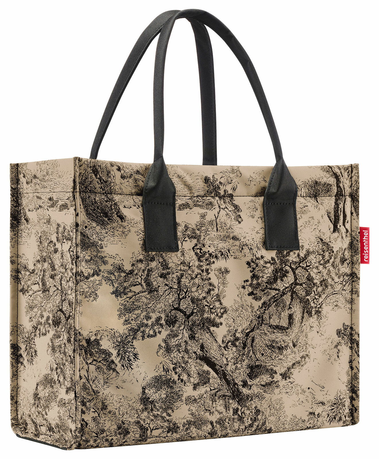 Einkaufstasche mit schwarzem Griff und detailliertem Landschaftsmuster, seitliche Perspektive