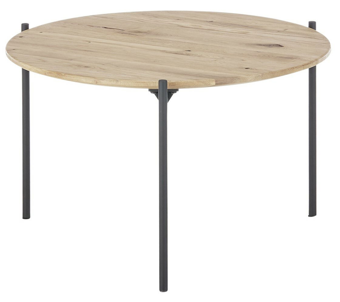 Runder Beistelltisch mit Holzplatte und schwarzen Metallbeinen, seitliche Perspektive