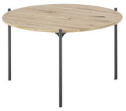 Runder Beistelltisch mit Holzplatte und schwarzen Metallbeinen, seitliche Perspektive