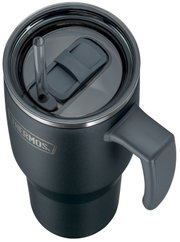 Donkergrijze Thermos-isoleerbeker met handvat, transparant deksel en rietje, schuin van boven gezien