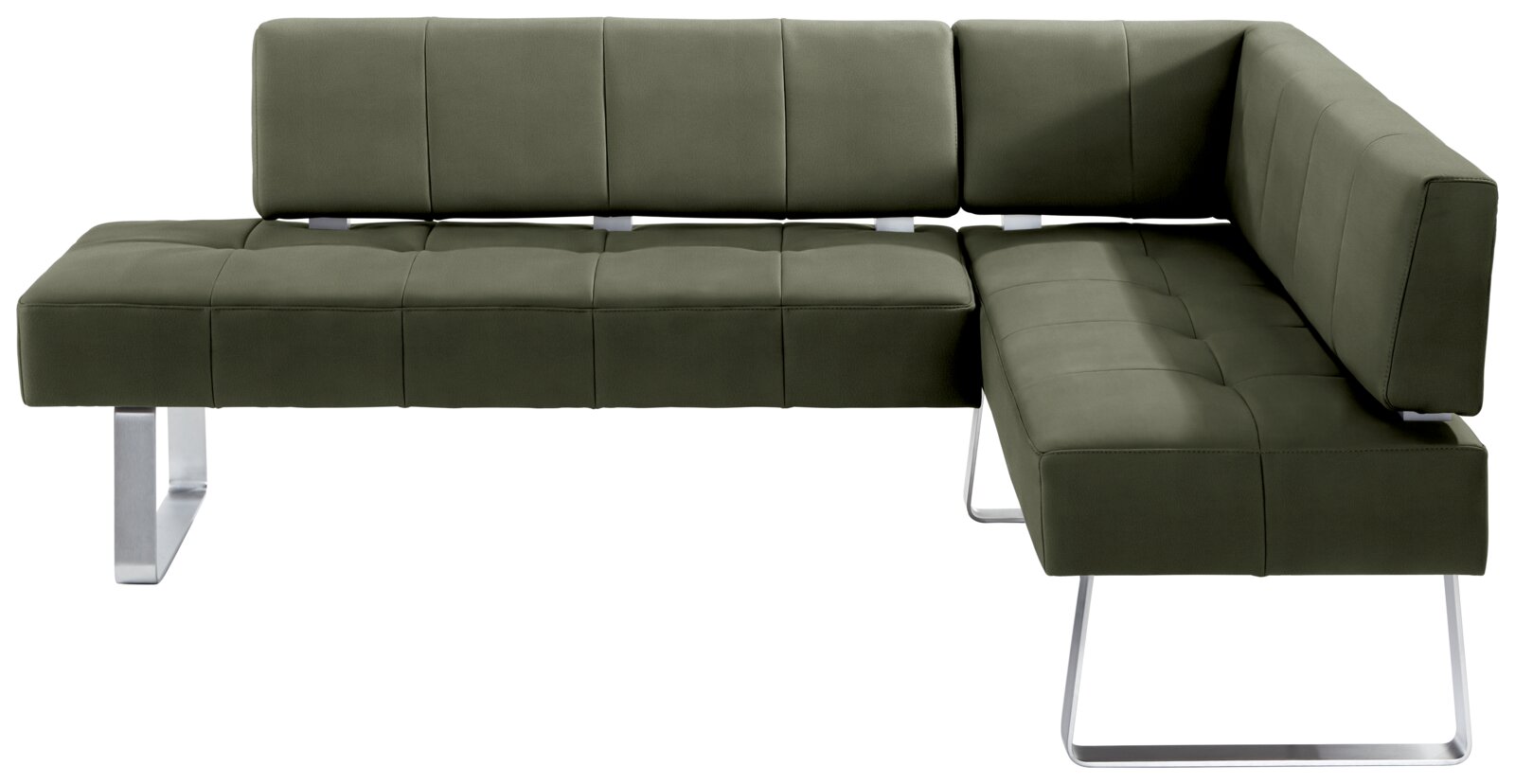 Grüne Eckbank mit modernem Design und Metallbeinen, Perspektive von vorne