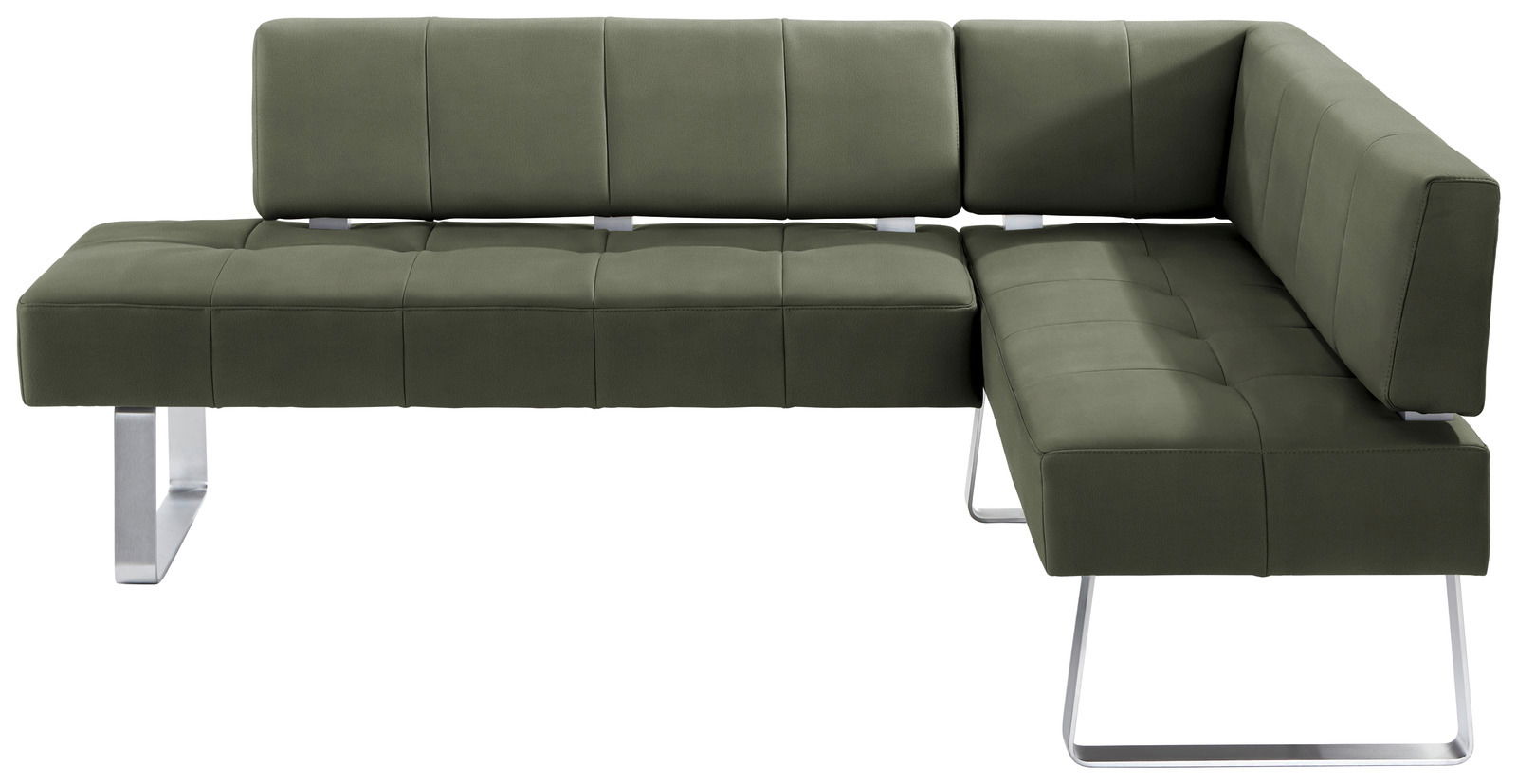 Grüne Eckbank mit modernem Design und Metallbeinen, Perspektive von vorne
