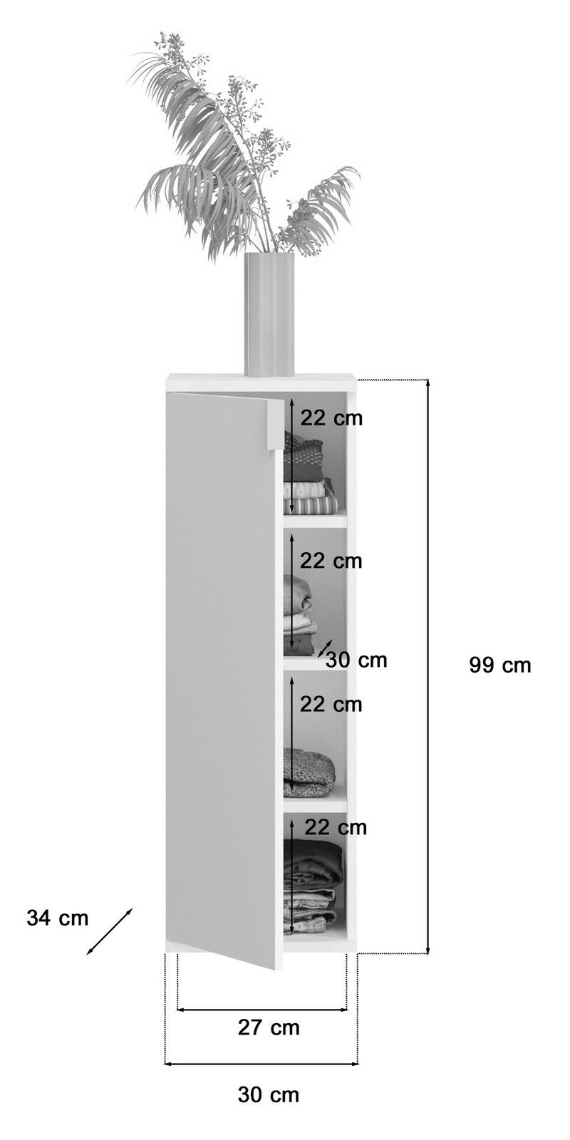 Garderobenschrank mit offener Tür, zeigt vier Regalfächer mit gefalteter Kleidung, Maße: 99 cm hoch, 30 cm breit, 34 cm tief, seitliche Perspektive.
