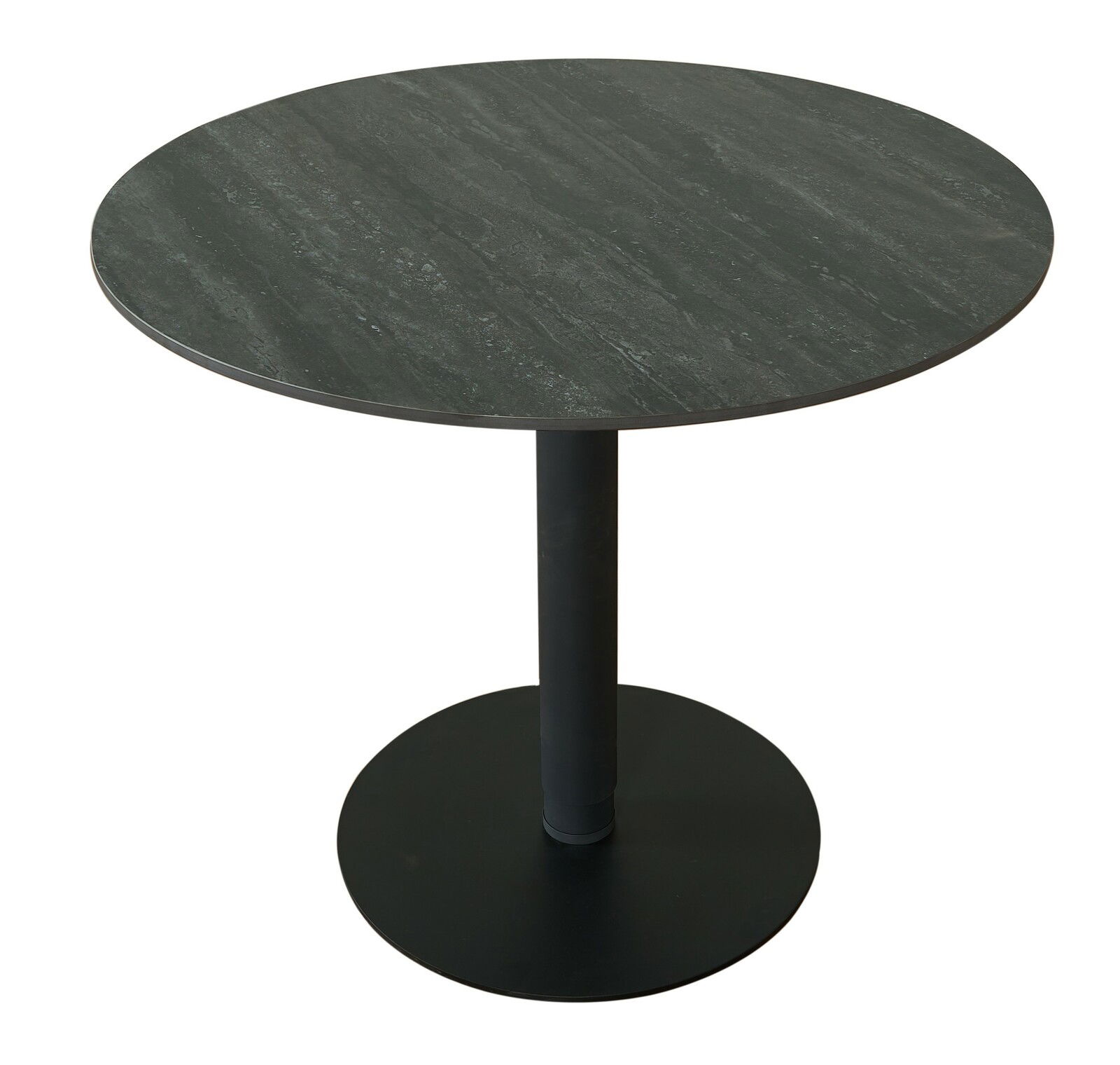 Runder Bartisch mit dunkler Tischplatte und stabilem, schwarzem Standfuß, seitliche Perspektive