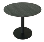 Runder Bartisch mit dunkler Tischplatte und stabilem, schwarzem Standfuß, seitliche Perspektive