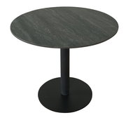 Runder Bartisch mit dunkler Tischplatte und stabilem, schwarzem Standfuß, seitliche Perspektive