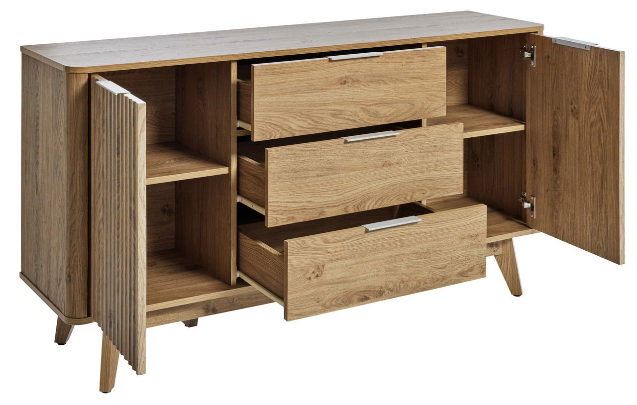 Holz-Sideboard mit drei offenen Schubladen und zwei offenen Türen, seitliche Perspektive