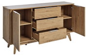Holz-Sideboard mit drei offenen Schubladen und zwei offenen Türen, seitliche Perspektive