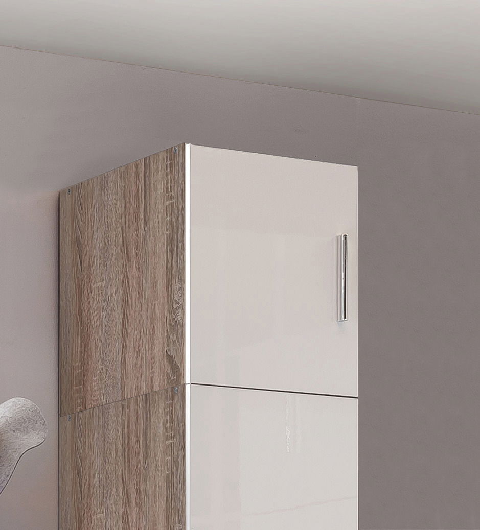 Hochschrankaufsatz in Holzoptik mit weißer Hochglanzfront, seitliche Perspektive