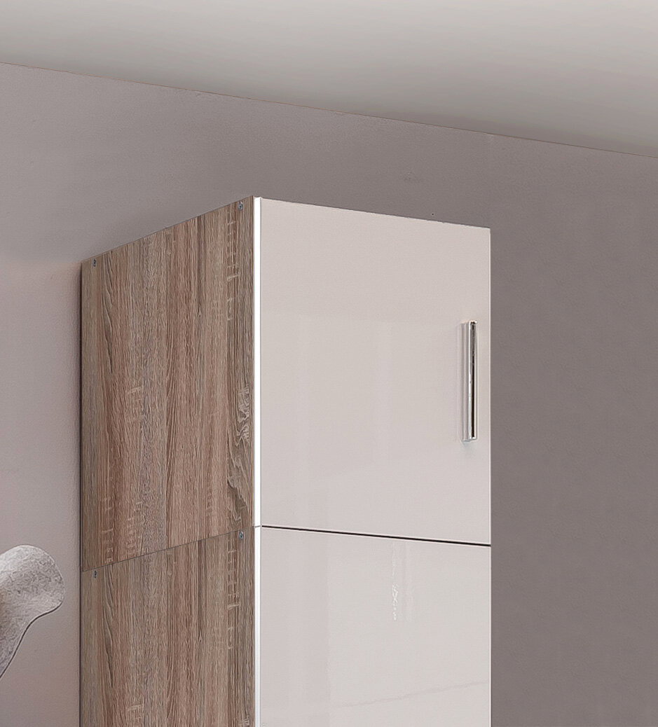 Hochschrankaufsatz in Holzoptik mit weißer Hochglanzfront, seitliche Perspektive