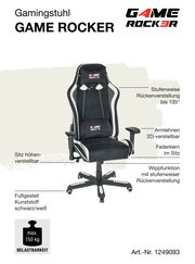 Gamingstuhl GAME ROCKER in Frontalansicht mit stufenweiser Rückenverstellung, höhenverstellbarem Sitz, 2D-verstellbaren Armlehnen und Kunststoff-Fußgestell in Schwarz/Weiß.